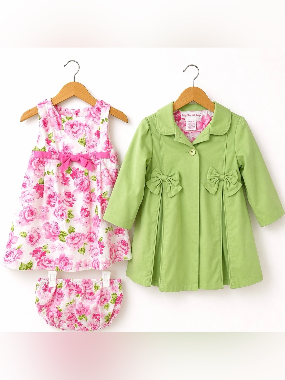 Girls Floral Dress Green Bow Coat Bloomers Boutique 3pc Set 18M Baby